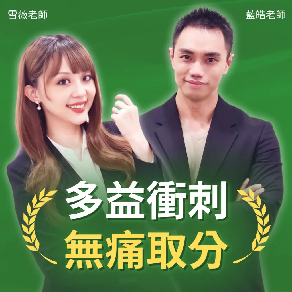 此為方形主視覺,雪薇老師與藍皓老師在前景,背景為綠色主視覺,標題為多益衝刺無痛取分