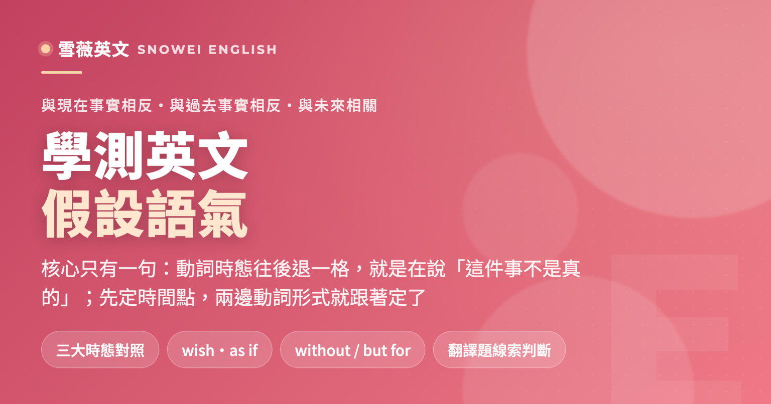 學測英文假設語氣:與現在事實相反、與過去事實相反、與未來相關三種時態,附 wish、as if、without but for 延伸用法與翻譯題判斷法 - 雪薇英文