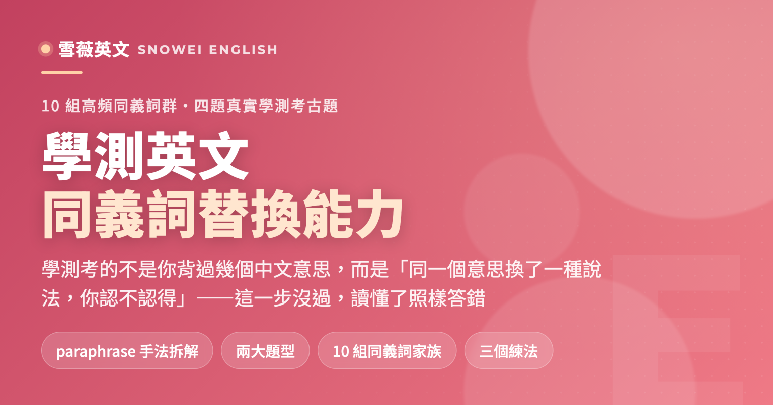 學測英文同義詞替換能力:paraphrase 改寫手法拆解、兩大題型考古題示範與 10 組高頻同義詞群整理 - 雪薇英文