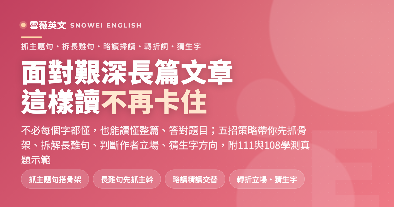 學測英文長文閱讀策略：抓主題句搭骨架、長難句先抓主幹再看修飾、略讀精讀交替少回讀、用轉折詞預判作者立場、上下文與字根猜生字，五招教你面對艱深長篇文章不再卡住 - 雪薇英文