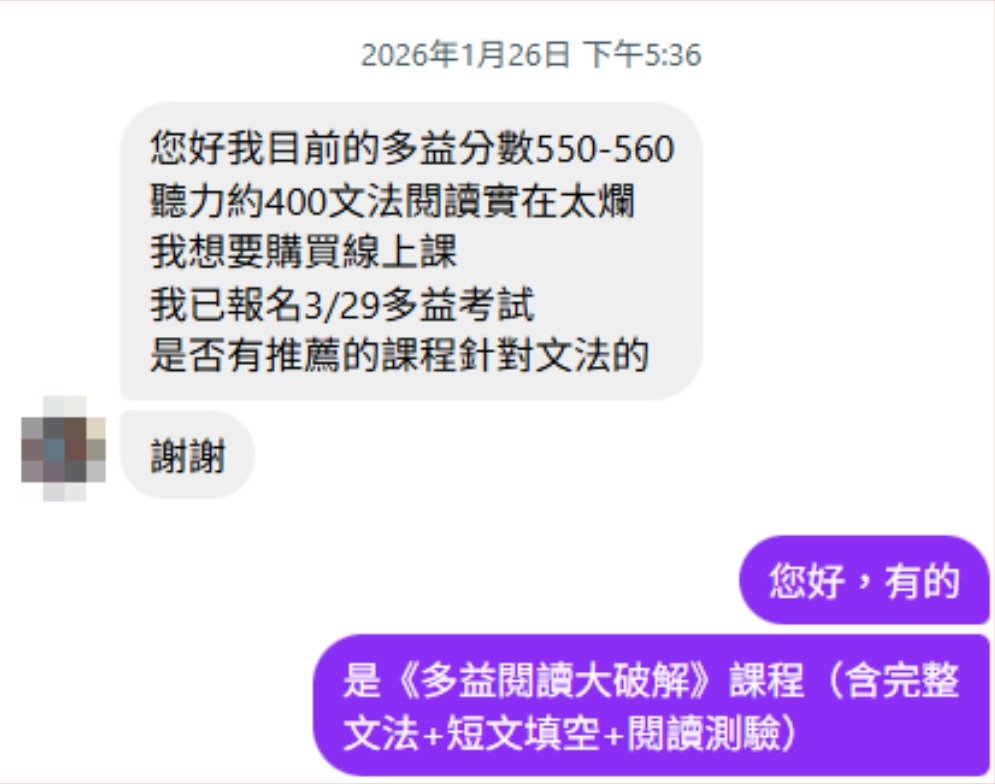 王同學 2026 年 1 月 26 日的諮詢訊息:多益 550 到 560 分,聽力約 400,想找針對文法的課程